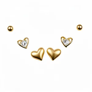 Set of 18k gold plated heart and ball stud earrings with sparkling zircon inlay