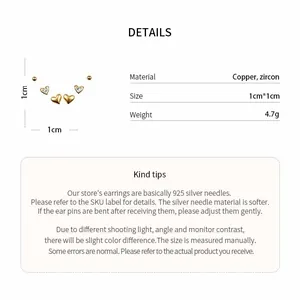 Product details and size specifications for 18k gold-plated heart-shaped zircon earrings