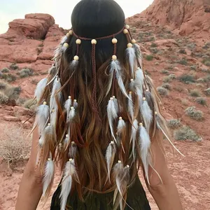 Bohemian Ethnic Feather Tassel Headband Long Braided Rope Wood Beads Hair Band For Women Travel Vacation Photography Headdress
