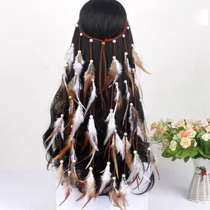 Detail view of the Bohemian long feather headband with beads shown on mannequin head