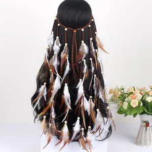 Back view of bohemian feather headband with beads and long tassels for women