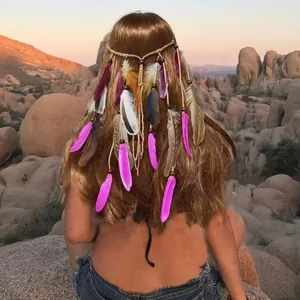 Bohemian ethnic feather headband with colorful wooden beads and long tassels for women