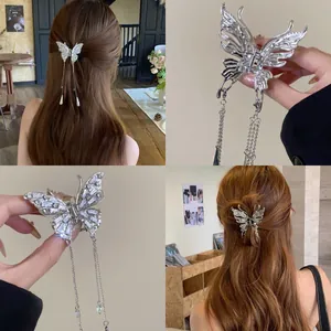 New Chinese Style Alloy Butterfly Hair Claw Clip With Long Tassels Rhinestone Niche Elegant Hair Accessories For Women