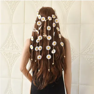 Bohemian style daisy flower headband with long beaded tassels for women hair decoration