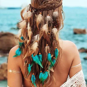 Back view of a bohemian beaded feather headband featuring turquoise and brown long tassels
