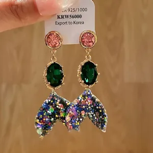 Elegant colorful crystal mermaid tail drop earrings with silver needles for women