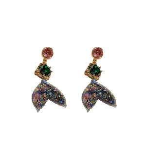 Elegant colorful rhinestone mermaid tail drop earrings with creative design