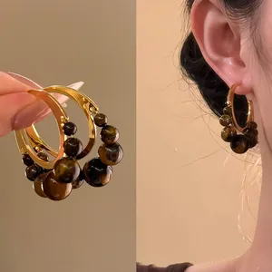 Orecchini a Cerchio Circolari in Pietra Occhio di Tigre Stile Maillard Vintage Per Donna Placcati in Oro Con Perno Argento 925