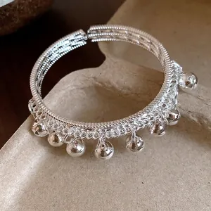 Ethnic Style Bell Tassel Texture Open Bangle Bracelet Personalized Minimalist Silver Color Alloy Cuff Bangle For Women Jewelry Gift