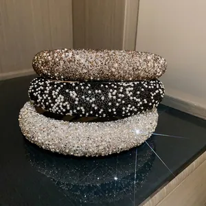 Korean Fashion Padded Headband With Artificial Pearl And Rhinestone Acrylic Hair Band Luxury Hair Accessories For Women