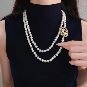 Vintage Camellia Hollow Flower Pendant Necklace For Women Double Layer Artificial Pearl Sweater Chain Copper Zirconia Jewelry