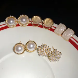 Elegant French vintage style geometric pearl stud earring set with s925 silver needles