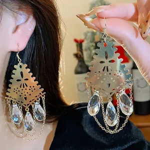 Luxury 925 Sterling Silver Earring Post Gold Plated Geometric Hollow Glass Teardrop Dangle Earrings Waterdrop Tassel Earrings For Women Jewelry