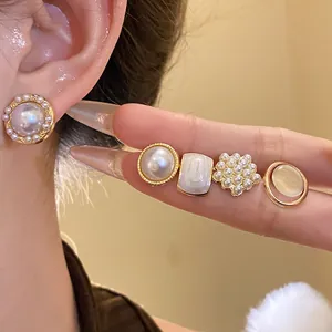Elegant French retro style geometric pearl and cat eye stone stud earrings set for women