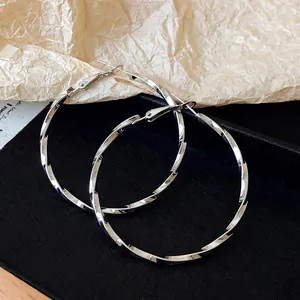 Dettaglio squisito di orecchini a cerchio geometrici argentati con design a spirale