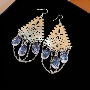Exquisite gold-tone geometric earrings featuring sparkling glass teardrop crystal pendants