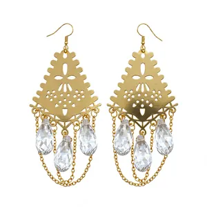 Elegant gold geometric earrings with teardrop glass crystals and delicate hanging chains