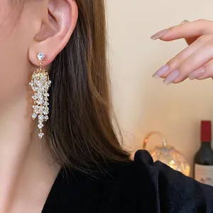 Dettaglio ravvicinato di orecchini a nappa in zircone lucente indossati con eleganza da una modella