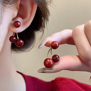 Pendientes de Botón de Cereza Ankara Rojos Vintage para Mujer Dos Formas de Uso Aleación Acrílico Con Poste de Plata de Ley 925 Joyería