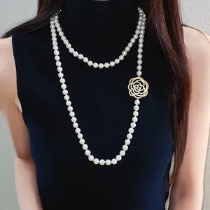 Long pearl necklace featuring a luxury zircon hollow flower pendant for stylish women