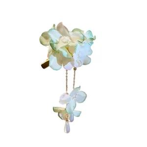 Elegant gradient fabric flower hair clip with faux pearl tassels for beach vacation