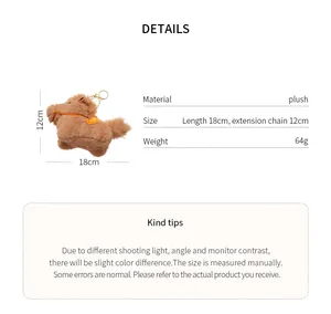 Detailed view of plush pony keychain with dimensions, weight, and material specifications.