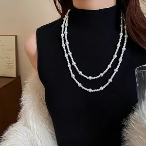French Vintage Long Artificial Pearl Necklace Elegant Light Luxury Multi Layer Sweater Chain Baroque Style Jewelry For Women