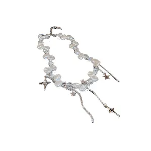 Sweet and cool pearl necklace with zircon star charms and silver chain detail