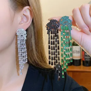 Elegant long zircon tassel earrings with silver needle in emerald green and black
