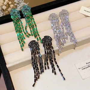 Elegant silver needle zircon tassel earrings with sparkling luxury rhinestone fringe.