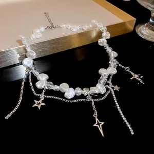 Detailed view of elegant pearl necklace with star pendants and crackle beads for women