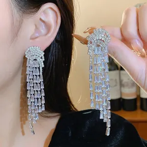 Elegant silver needle long tassel earrings with sparkling cubic zirconia crystals