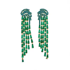 Elegant gold-tone drop earrings featuring vibrant teal zircons and emerald green crystals