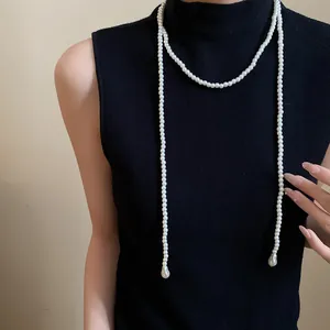 Elegant French vintage style long pearl sweater necklace with teardrop pendants
