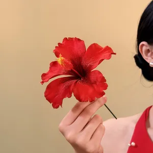 Elegant sweet red fabric hibiscus flower hair clip perfect for seaside vacations and beach trips