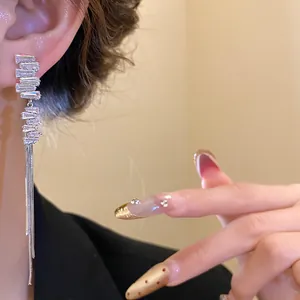 Primo piano dettagliato di eleganti orecchini a nappa in zircone con ago in argento
