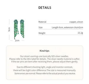 Green zircon tassel drop earrings details with size and material specifications