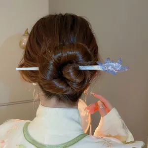 Elegant blue acetate butterfly hair stick accessory for traditional Chinese bun hairstyle