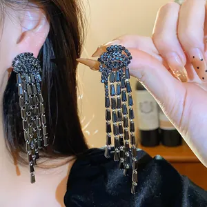 Elegant black zircon long tassel earrings with sparkling rhinestone details for women