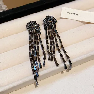 Close-up view of black zircon tassel earrings with elegant dangling fringe design in a jewelry box