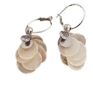 Elegant bohemian shell tassel hoop earrings with sparkling zircon