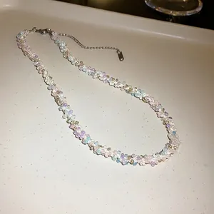 Handmade colorful seed bead woven choker necklace with adjustable silver metal chain