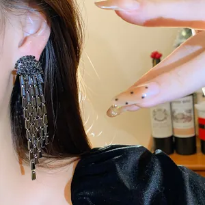 Elegant long black zircon tassel drop earrings for women statement evening party jewelry