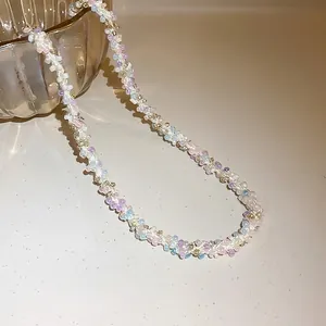 Elegant handmade colorful seed bead woven necklace featuring sweet pastel tones for women