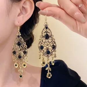 Vintage Gold Alloy Teardrop Gourd Tassel Drop Earrings For Women Luxury Rhinestone Inlaid Hollow Geometric Hook Earrings Jewelry Gift