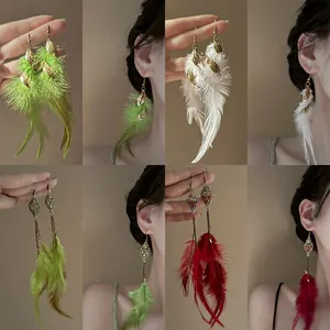 Bohemian Ethnic Long Tassel Feather Drop Earrings For Women Vintage Alloy Leaf Rhinestone Artificial Pearl Dangle Earrings