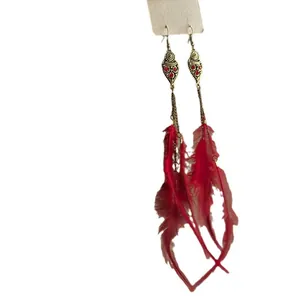 Bohemian ethnic style long red feather tassel earrings with antique bronze metal finish