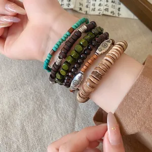 Retro Bohemian Wood Beads Coconut Shell Stacking Bracelet Set Handmade Ethnic Style Multilayer Geometric Alloy Charm Bracelet