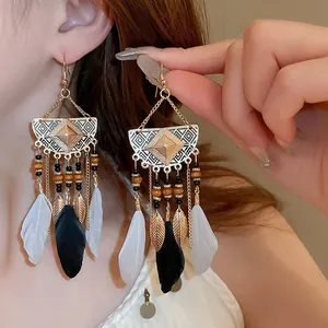 Close-up of bohemian tassel earrings with feathers and gold leaf details on model