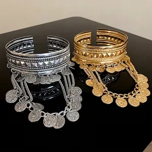 Vintage Bohemian Adjustable Metal Coin Fringe Tassel Armlet For Women Gold Silver Plated Arm Cuff Bangle Jewelry Decor